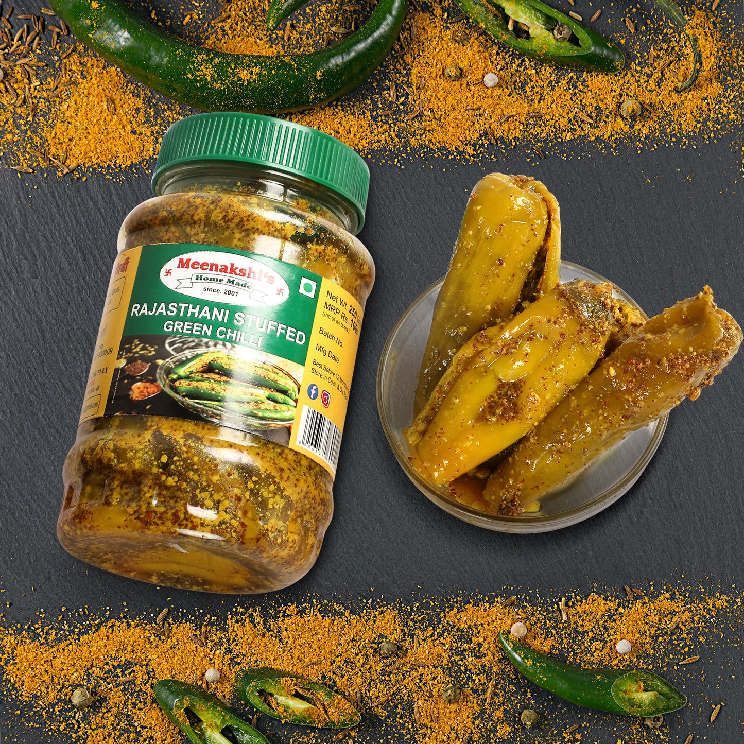 MEENAKSHI'S Homemade RAJASTHANI STUFFED GREEN CHILLI Pickle I 100% Natural I Indian Taste I Hygienically Packed I 250 g