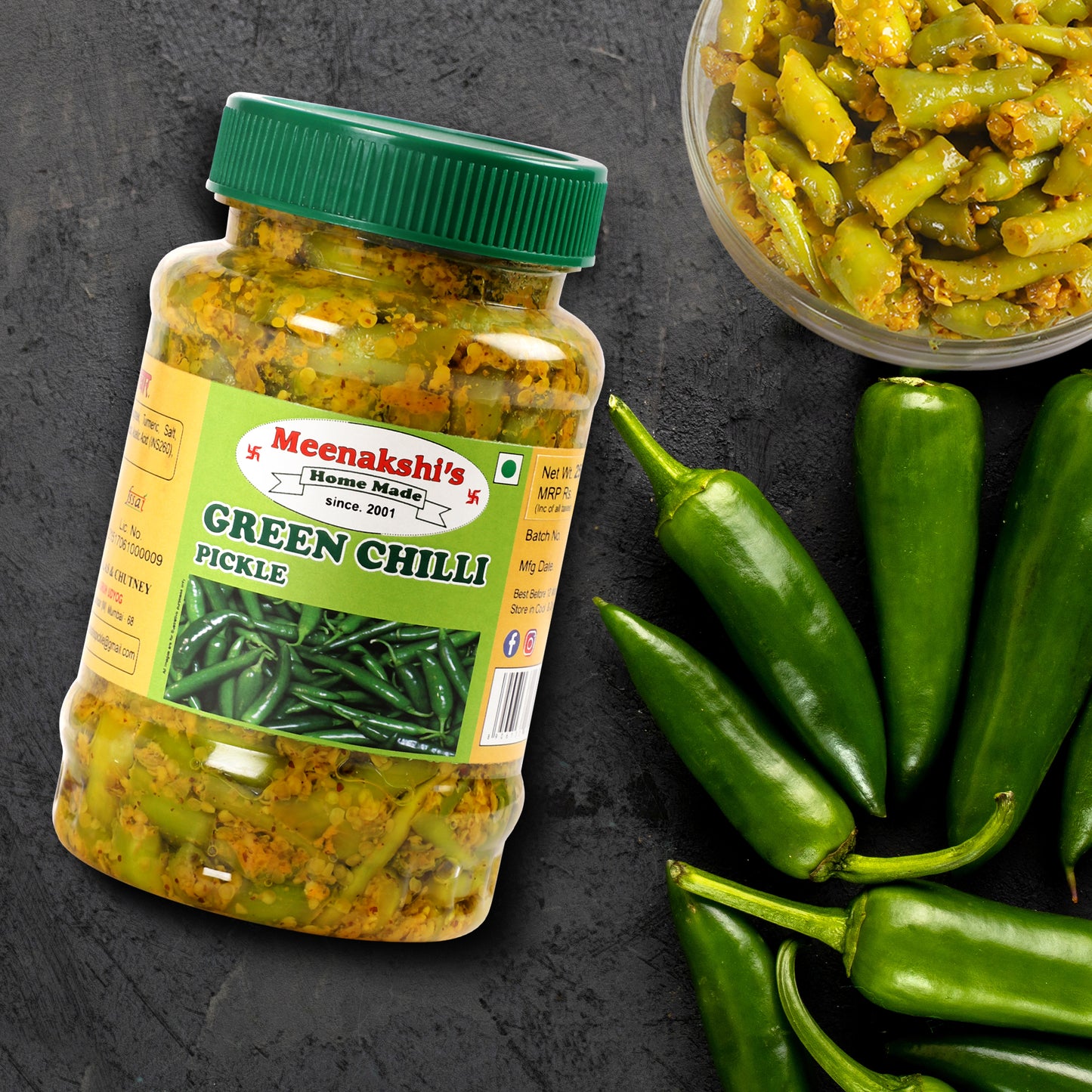 MEENAKSHI'S Homemade GREEN CHILLI Pickle I 100% Natural I Indian Taste I Hygienically Packed I 250 g