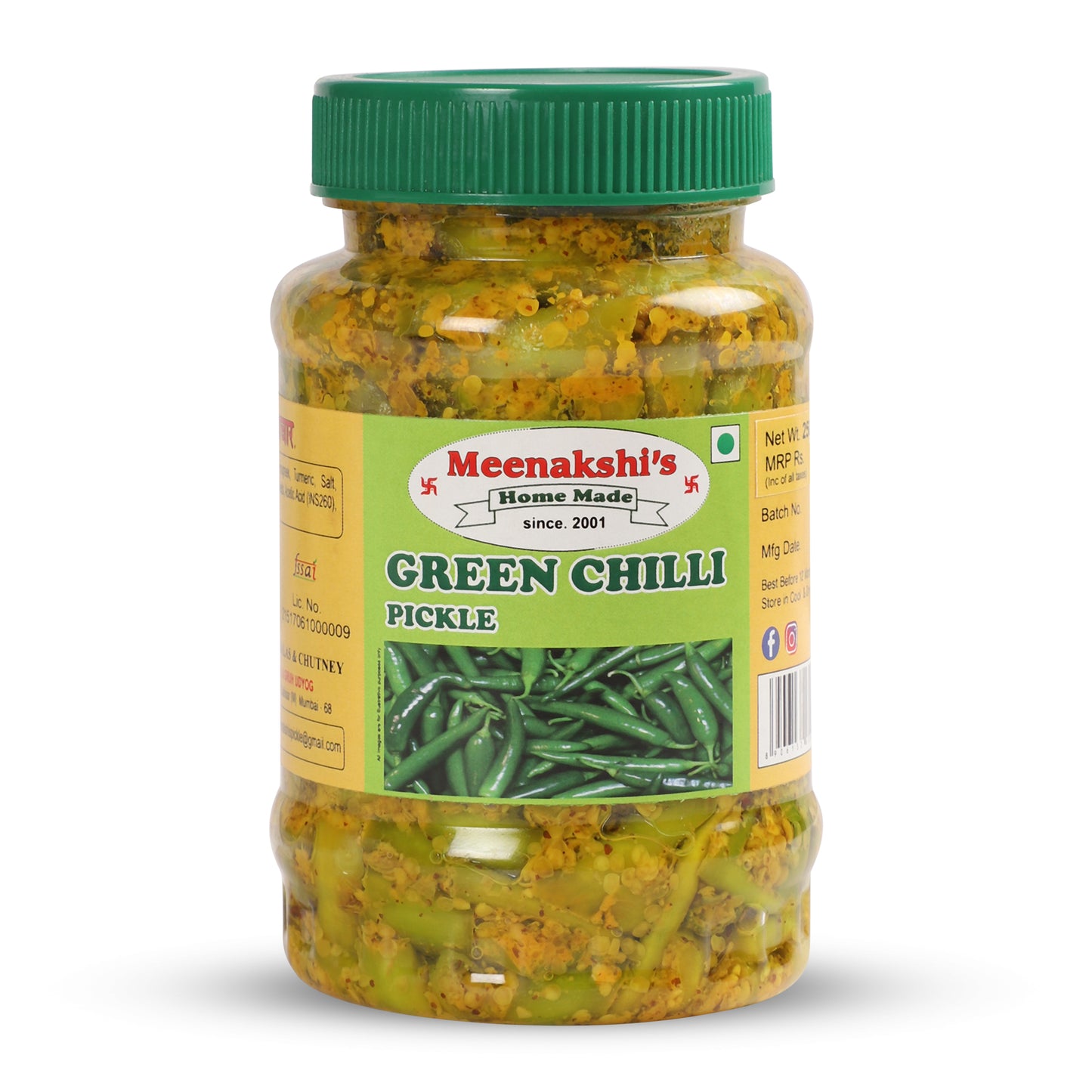 MEENAKSHI'S Homemade GREEN CHILLI Pickle I 100% Natural I Indian Taste I Hygienically Packed I 250 g