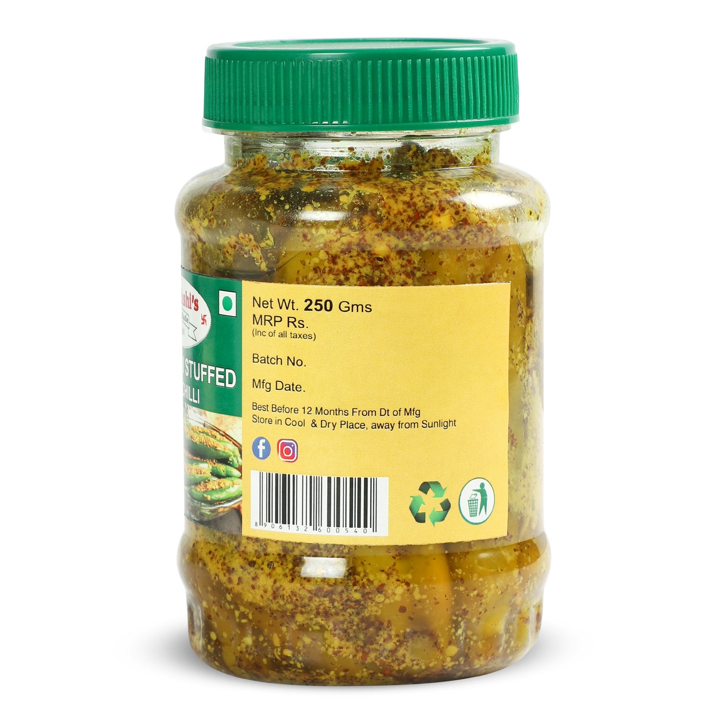 MEENAKSHI'S Homemade RAJASTHANI STUFFED GREEN CHILLI Pickle I 100% Natural I Indian Taste I Hygienically Packed I 250 g
