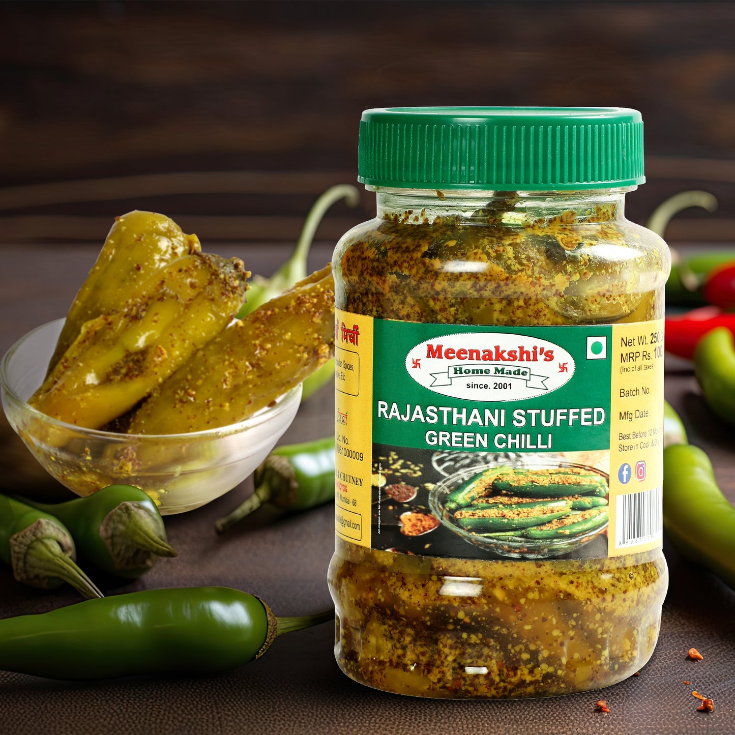 MEENAKSHI'S Homemade RAJASTHANI STUFFED GREEN CHILLI Pickle I 100% Natural I Indian Taste I Hygienically Packed I 250 g