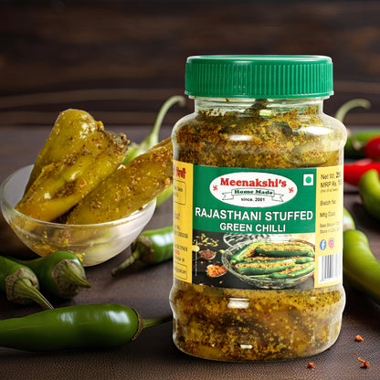 MEENAKSHI'S Homemade RAJASTHANI STUFFED GREEN CHILLI Pickle I 100% Natural I Indian Taste I Hygienically Packed I 250 g