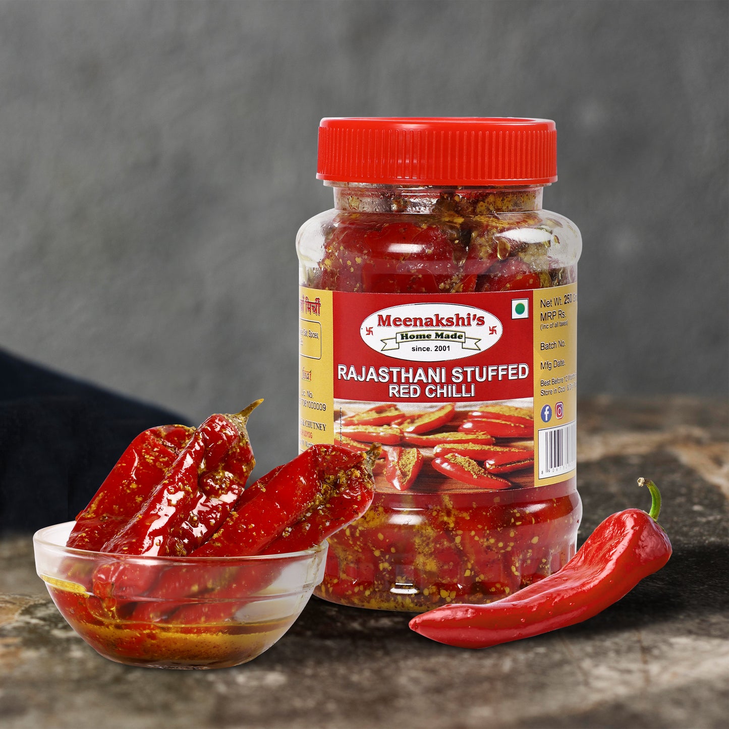 MEENAKSHI'S Homemade RAJASTHANI STUFFED RED CHILLI Pickle I 100% Natural I Indian Taste I Hygienically Packed I 250g