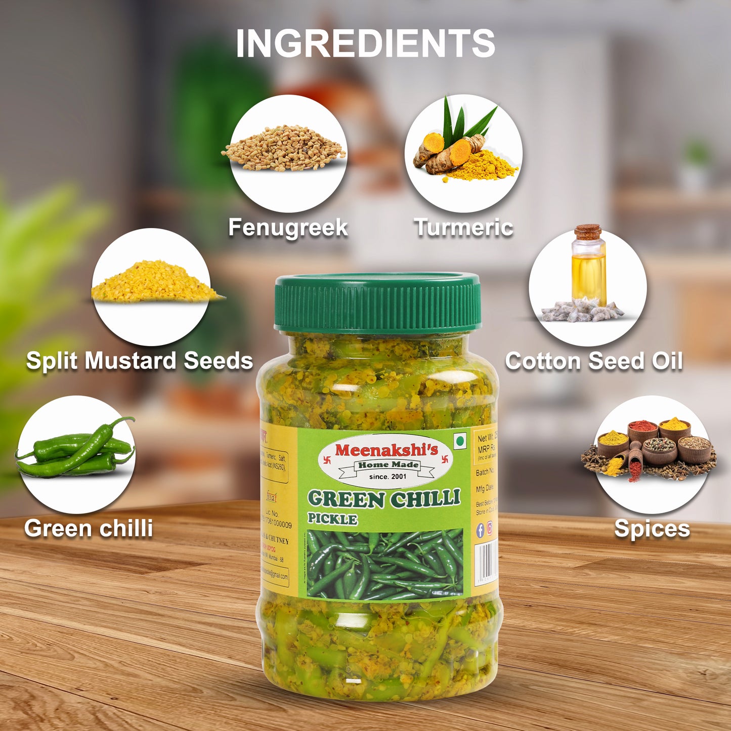 MEENAKSHI'S Homemade GREEN CHILLI Pickle I 100% Natural I Indian Taste I Hygienically Packed I 250 g