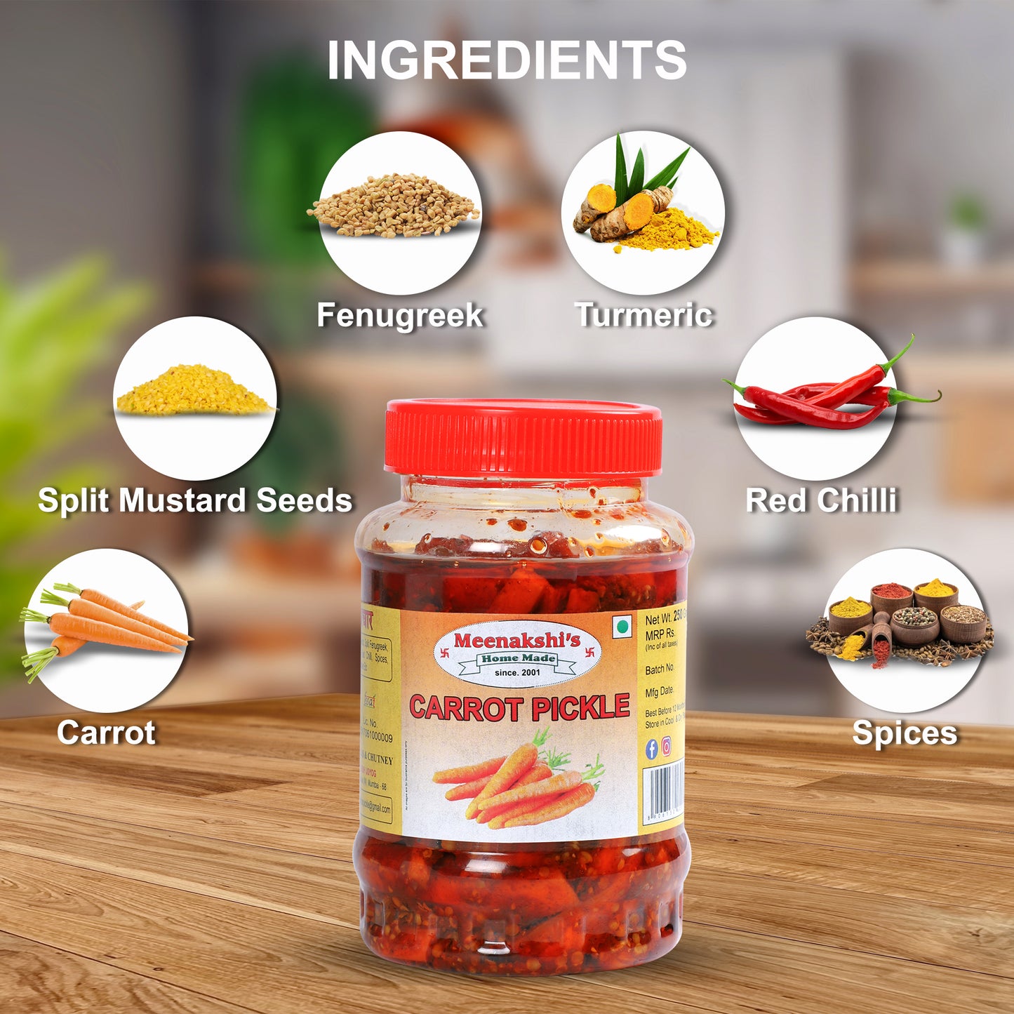 MEENAKSHI'S Homemade CARROT Pickle I 100% Natural I Indian Taste I Hygienically Packed I 250 g