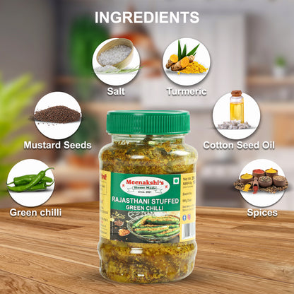 MEENAKSHI'S Homemade RAJASTHANI STUFFED GREEN CHILLI Pickle I 100% Natural I Indian Taste I Hygienically Packed I 250 g
