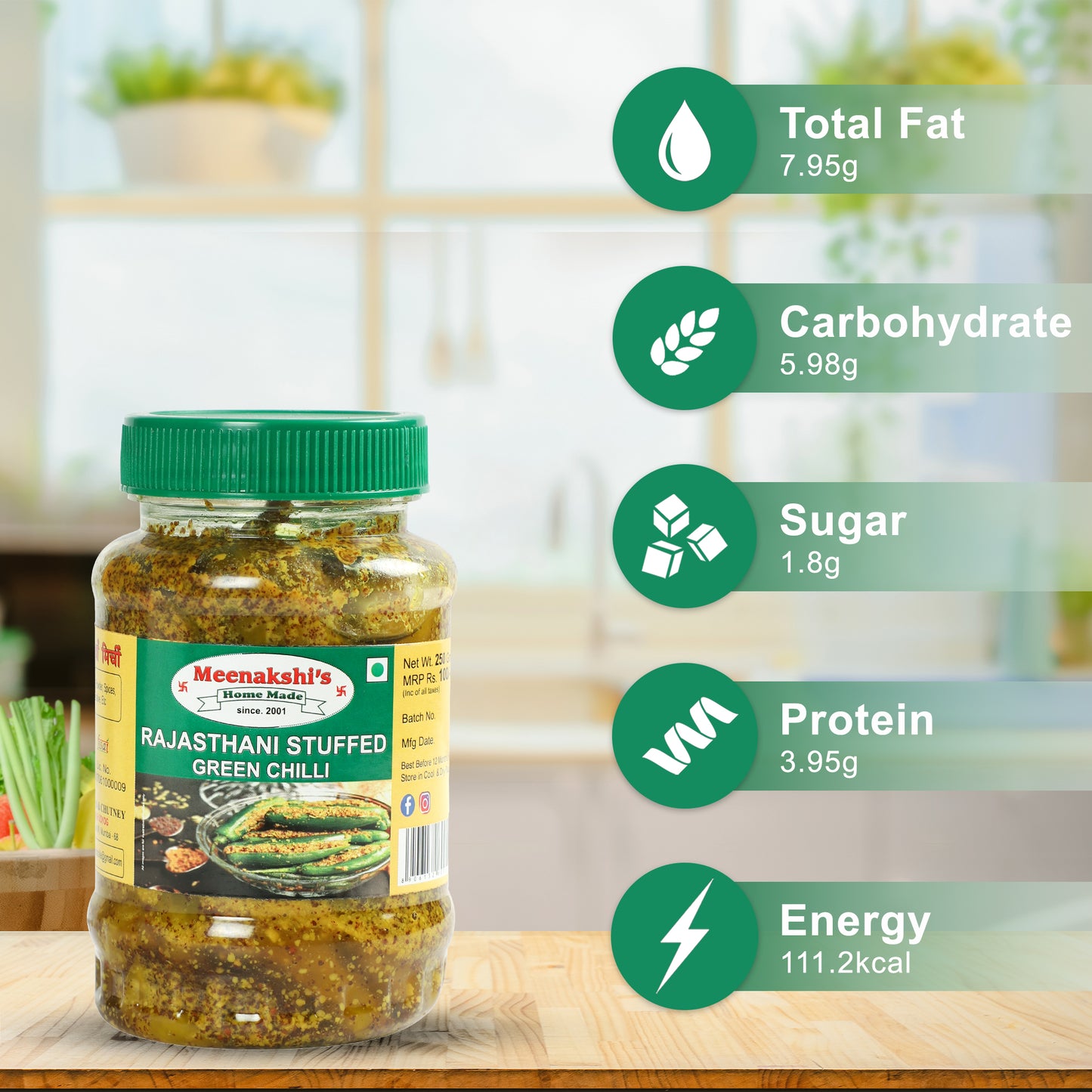 MEENAKSHI'S Homemade RAJASTHANI STUFFED GREEN CHILLI Pickle I 100% Natural I Indian Taste I Hygienically Packed I 250 g