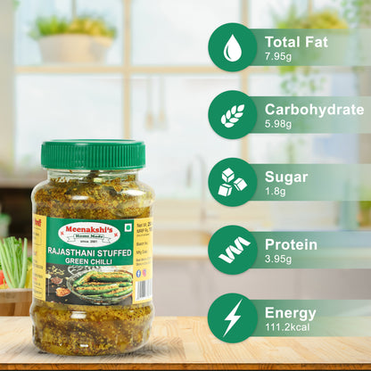 MEENAKSHI'S Homemade RAJASTHANI STUFFED GREEN CHILLI Pickle I 100% Natural I Indian Taste I Hygienically Packed I 250 g